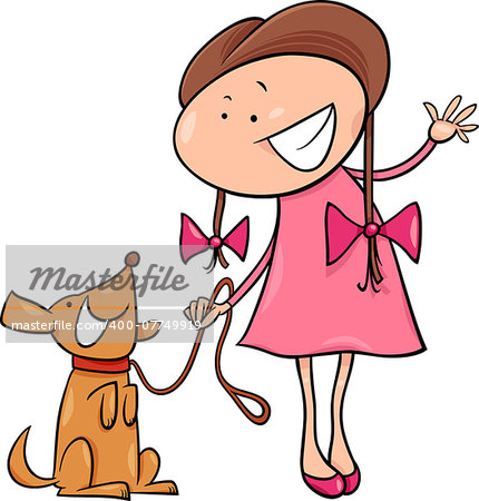 Cartoon Illustration of Cute Little Girl with Dog