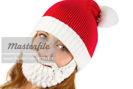 Pretty redhead in santa hat and beard on white background