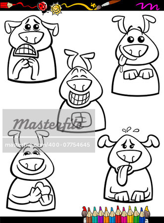 Coloring Book or Page Cartoon Illustration of Black and White Funny Dogs Expressing Emotions Set for Children