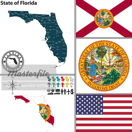 Vector set of Florida state with flag and icons on white background