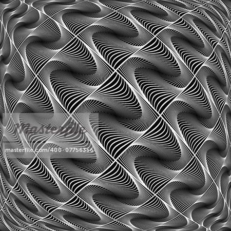 Design monochrome warped grid diamond pattern. Abstract volume textured background. Vector art