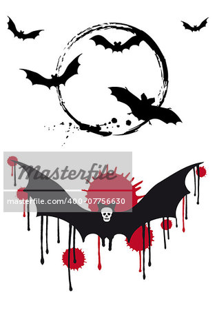 Halloween bats with moon and skull, vector set