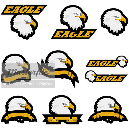 Icon set showing the head of an eagle combined with different variations of the word eagle