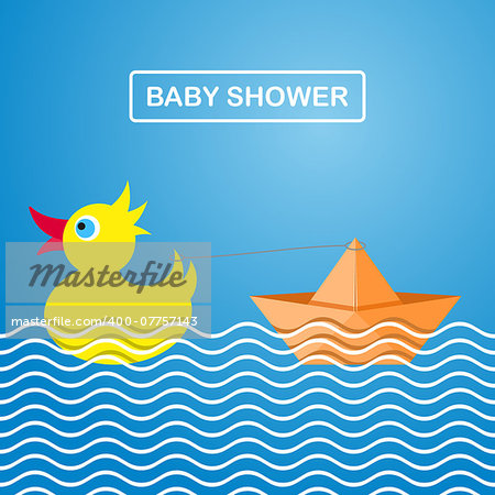 Cute baby invitation card with duck and boat