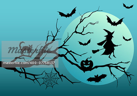 Halloween night, flying bats and witch, vector illustartion