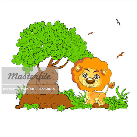 Illustration of a scary lion above the stump at the forest