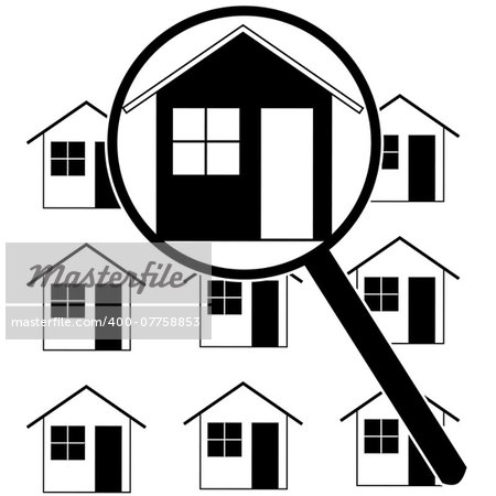 Icon set showing a magnifying glass identifying a home among rows of houses