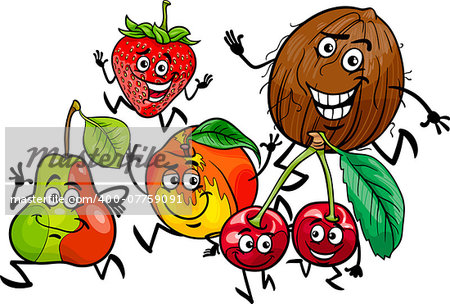 Cartoon Illustration of Happy Running Fruits Food Characters