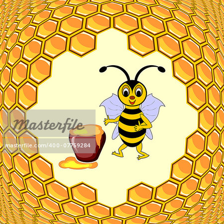 A cute cartoon bee with a honey pot surrounded by honeycombs. Vector-art illustration