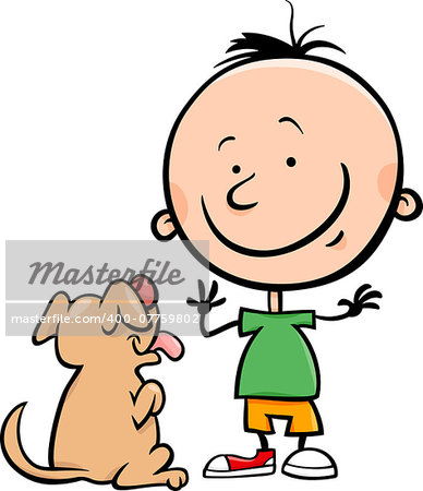 Cartoon Illustration of Cute Little Boy with Dog or Puppy