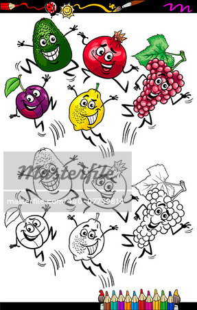 Coloring Book or Page Cartoon Illustration of Black and White Funny Jumping Fruits Set for Children