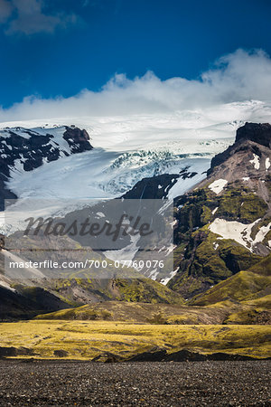 Scenic view of mountainside and glacier, Kviamyrarkambur, Iceland