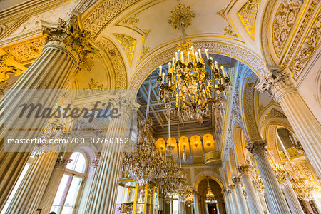 Ceiling and chandeliers, Small Pavilion Hall, The Hermitage, St. Petersburg, Russia