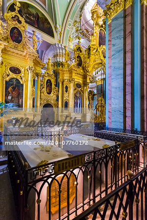 Imperial tombs and ornate interior of Saints Peter and Paul Cathedral located inside the Peter and Paul Fortress, St. Petersburg, Russia