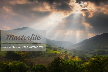 Mountains and Valley at Sunset after Rain Storm in Early Autumn, Derwent Fells, Lake District, Cumbria, England