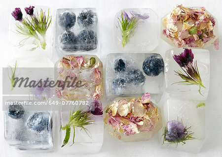Flowers and fruit frozen in ice-cubes