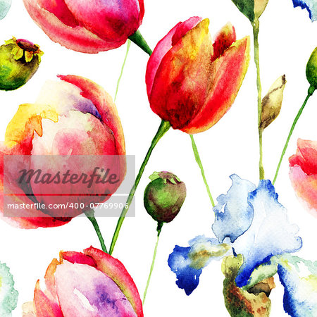 Seamless pattern with Iris and Tulips flowers, watercolor illustration