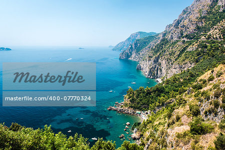 Via Nastro Azzurro, Amalfi Coast. Stunning landscape with hills and Mediterranean sea, Italy