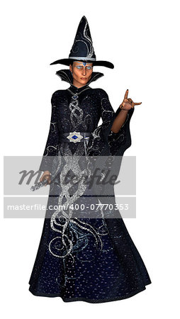 3D digital render of a fantasy female wizard in a dark blue sparkling tunic isolated on white background