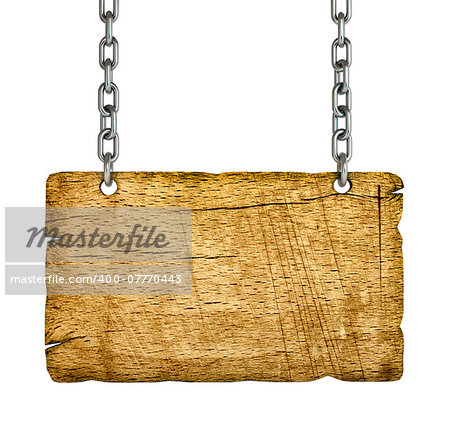 close up of an empty wooden sign hanging on a rope on white background