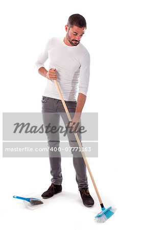 man with cleaning equipment in front of white background