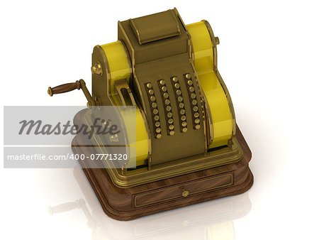 Old golden cash register with yellow ribbons and handle