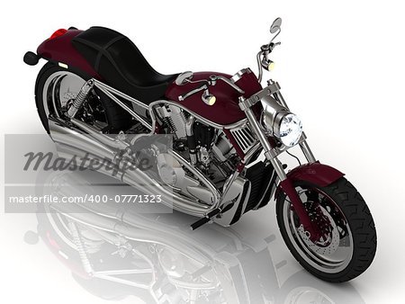 Motorcycle and chrome engine and exhaust on white background. Top view