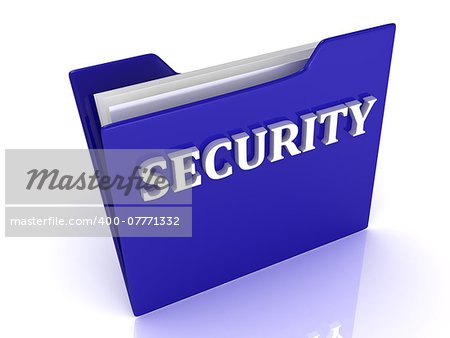 SECURITY bright white letters on a blue folder on a white background