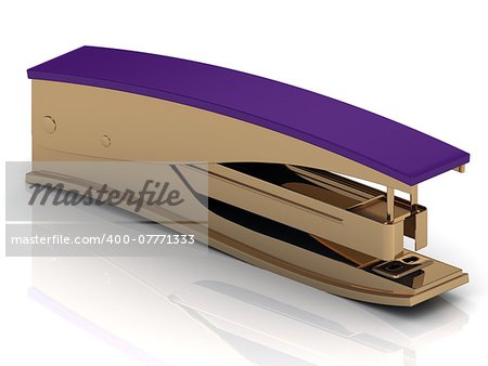 Golden stapler with a lilac handle on a white background