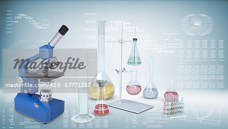 Chemical laboratory equipment. Microscope, flasks and test tubes. Graphs and texts as backdrop
