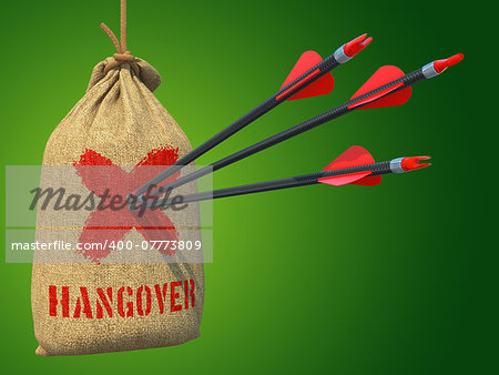 Hangover - Three Arrows Hit in Red Target Hanging on the Sack on Green Background