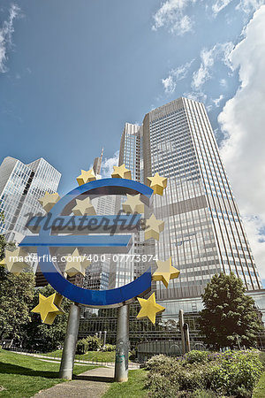 Euro Sign in front of the European Central Bank (ECB) headquarter building in Frankfurt am Main, Germany