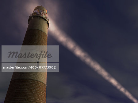 Lighthouse beam in dawn mist.