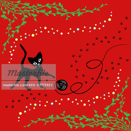 Black cat playing with ball of yarn over red, hand drawing vector illustration