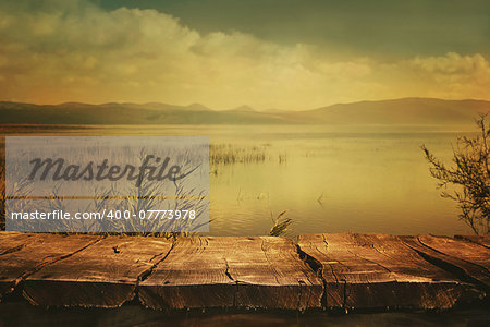 Autumn nature background. Table with Lake and cloudscape art Design. Autumn landscape