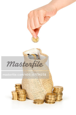hand put coin in bag with money isolated on white, investment or growth concept