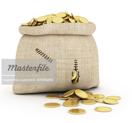 Money coins in open bag isolated on white