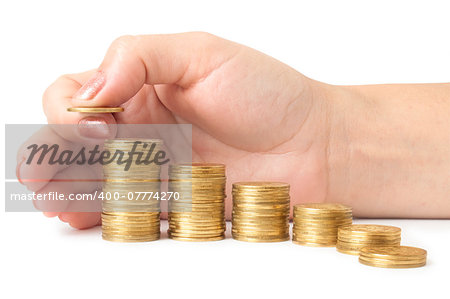 Hand put coins to stack of coins on white background