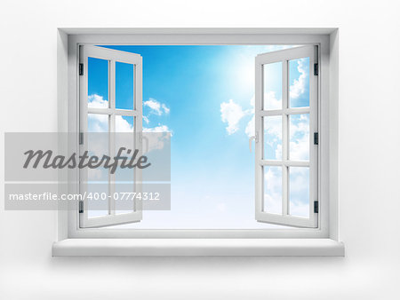 Open window against a white wall and the cloudy sky and sun