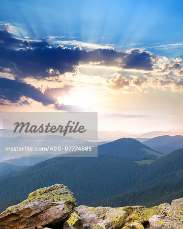 majestic Sunrise over the mountains  with sunbeams, Ukraine, Carpathians, Europe