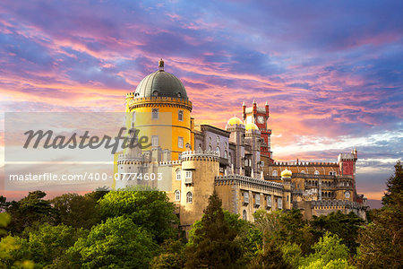 Fairy Palace against sunset sky - Panorama of Pena National Palace in Sintra, Portugal, Europe - horizontal