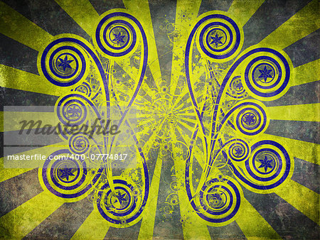 Abstract digital illustration of grunge ornament on green rays background.