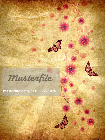 Beautiful pink ornament with butterflies and flowers on grunge paper.