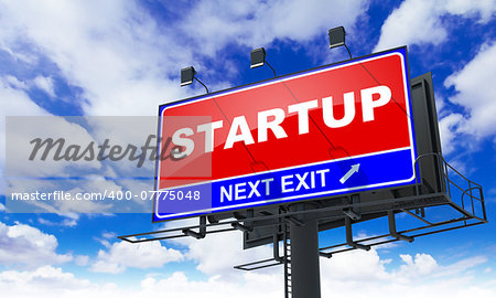 Startup - Red Billboard on Sky Background. Business Concept.