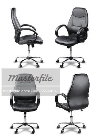 Office chair set black leather manager style, isolated on white