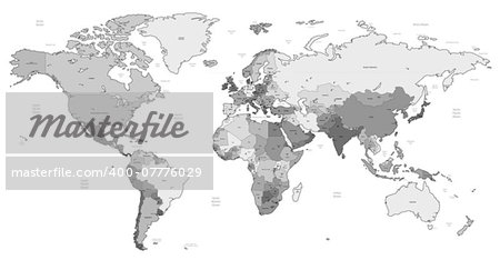Detailed World map of gray colors. Vector illustration.