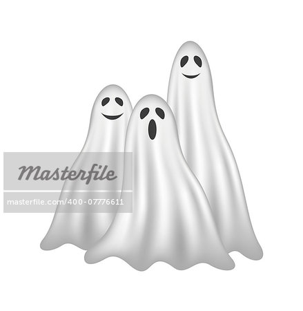 Three ghosts in white design with face on white background