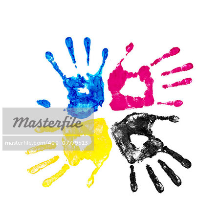 handprints yellow, blue, pink and black on an isolated white background