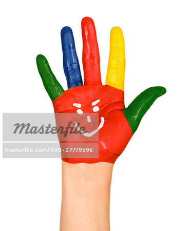 painted red hand with funny smiley on an isolated white background