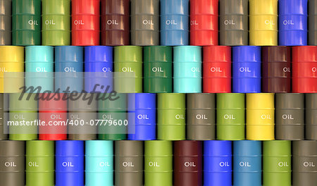 Several colored oil barrels stacked to form a wall.
